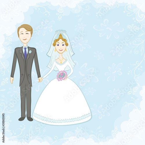 Bride and groom on blue background