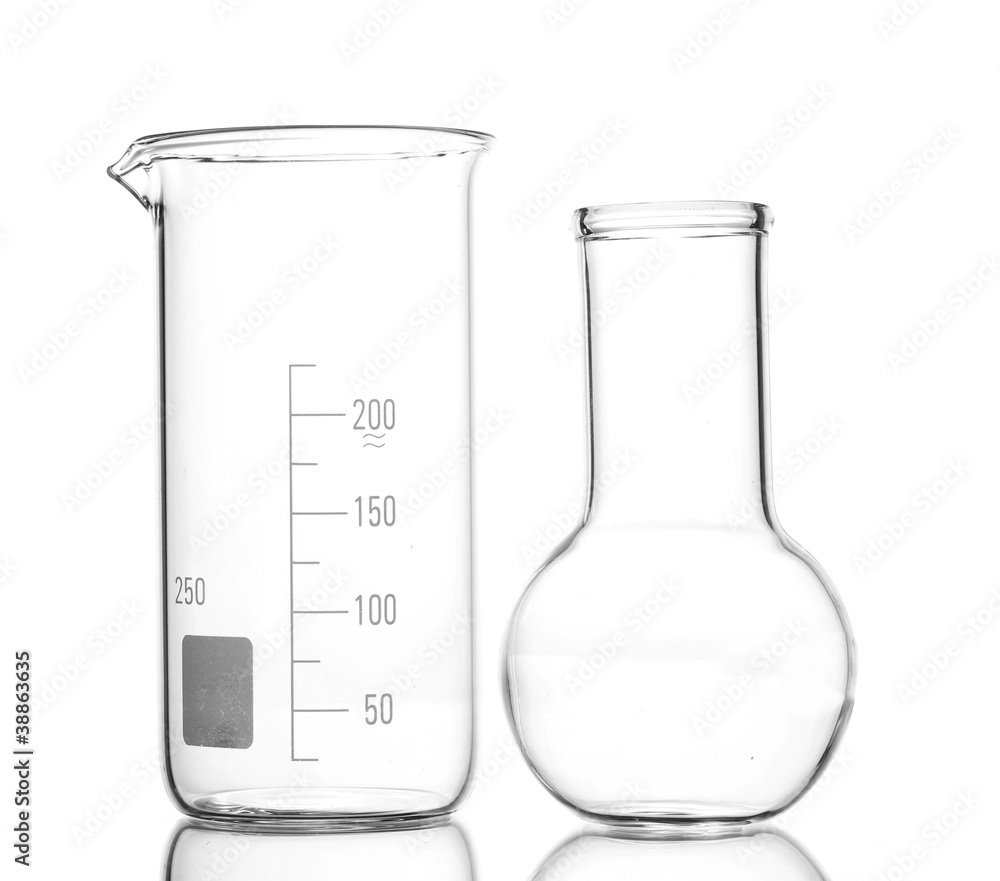 Empty flask and beacker with reflection isolated on white Empty flask and beacker with reflection isolated on white