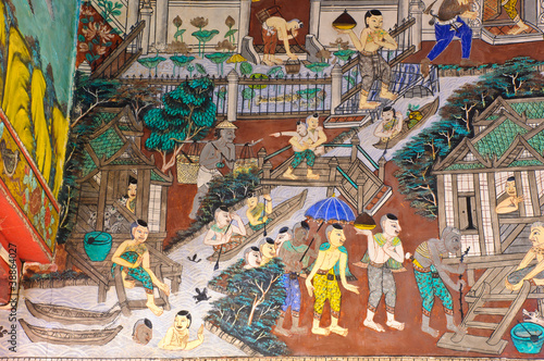 Ancient Buddhist temple mural depicts Thai lifestyle