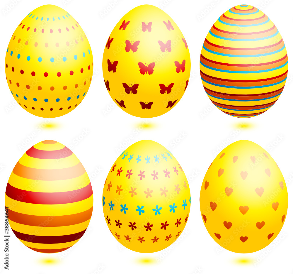 Set 6 Easter Eggs Different Patterns Yellow