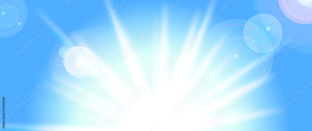 Obraz premium Vector sun on blue sky with lenses flare, eps10
