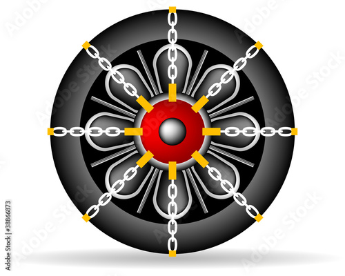 Tire with snow chains placed around a wheel