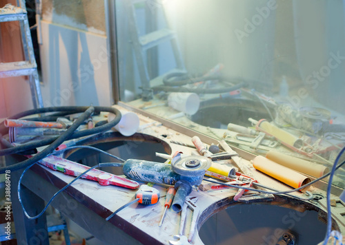 home improvement messy clutter with dusted tools