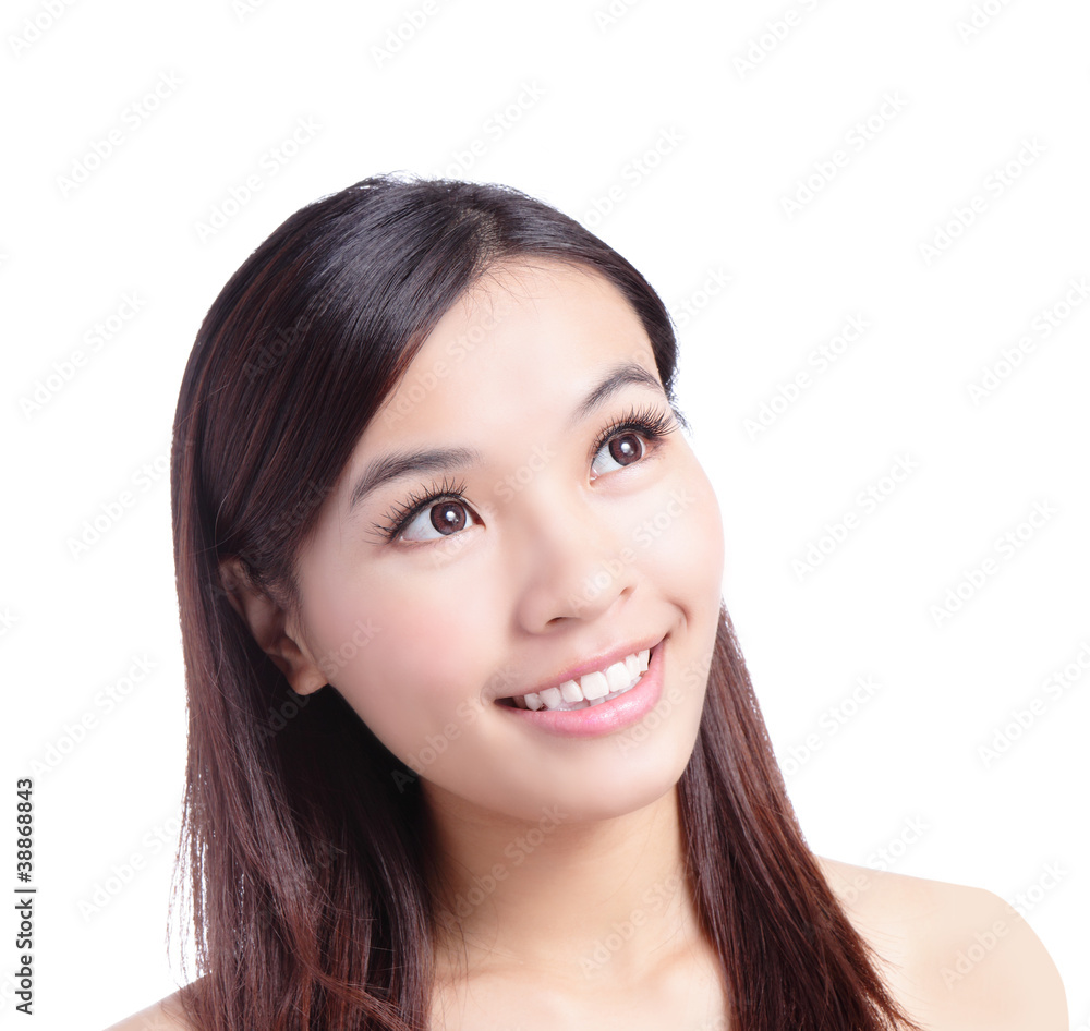 Beauty woman smiling looking at copy space Beauty woman smiling looking at copy space