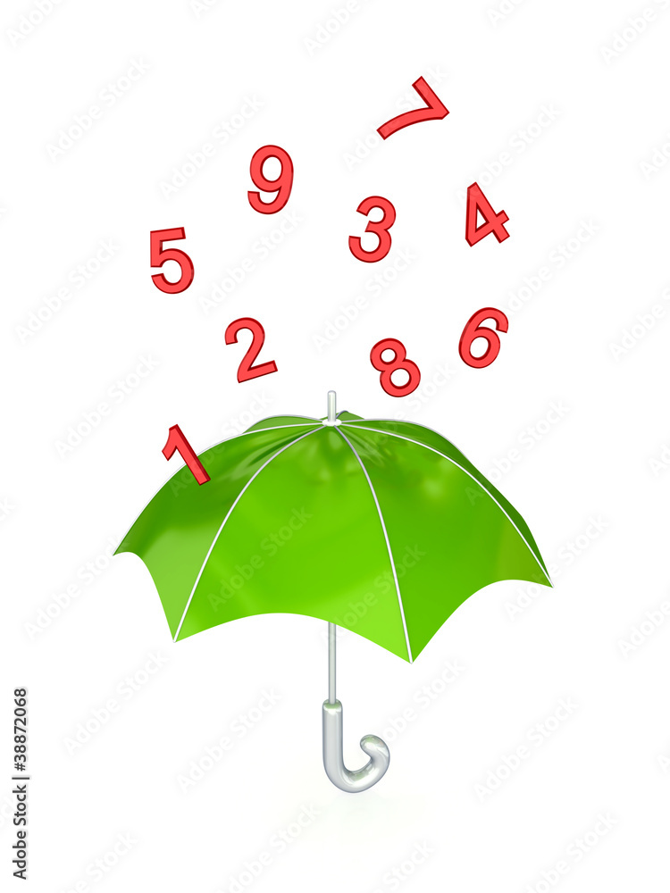 Green umbrella under the rain of red numbers. Green umbrella under the rain of red numbers.