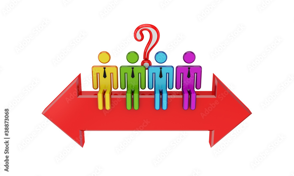 3d small people sitting on a doublesided arrow