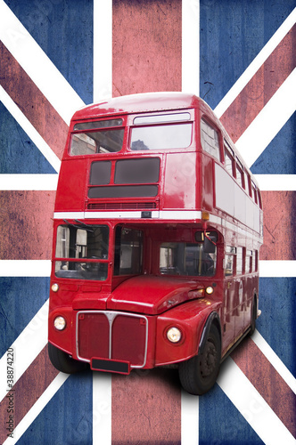 Bus rouge londonien, fond Union Jack