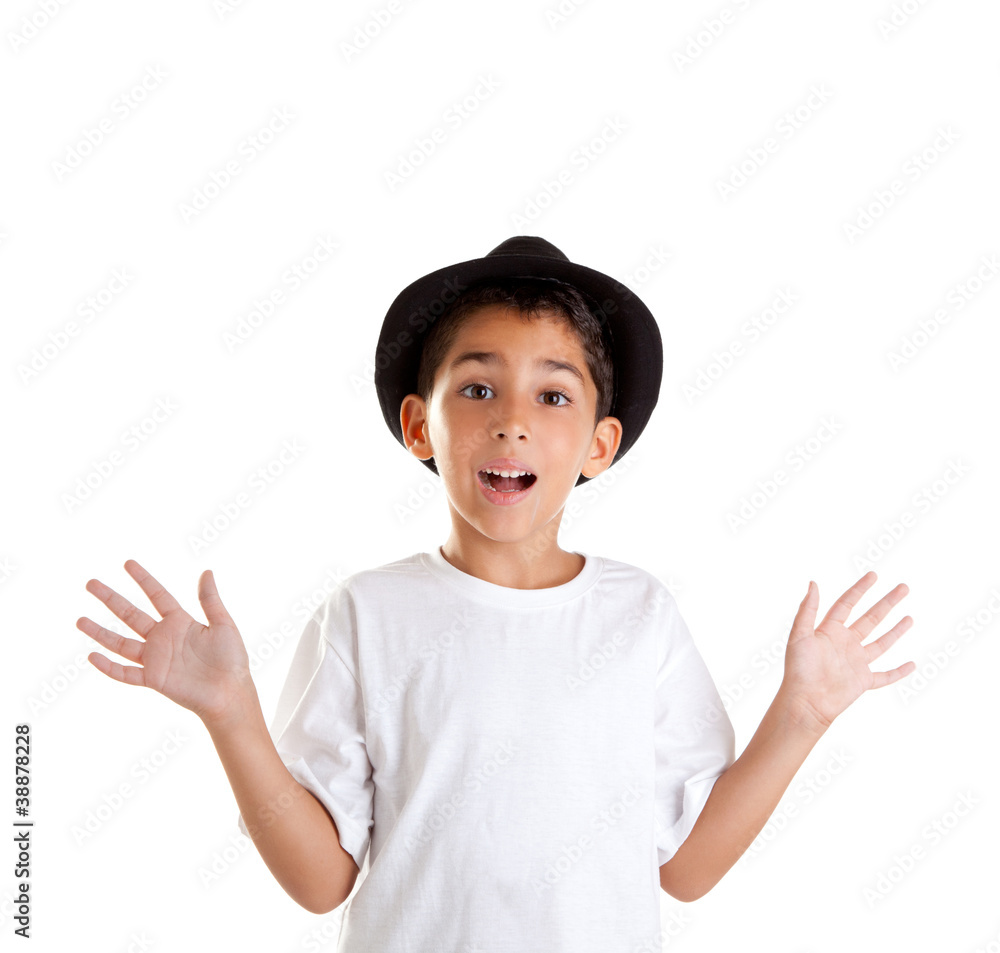 boy gesture with black hat isolated on white boy gesture with black hat isolated on white