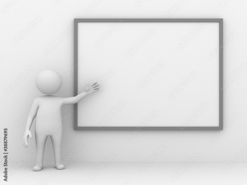 3d man making a presentation with blank board 3d man making a presentation with blank board
