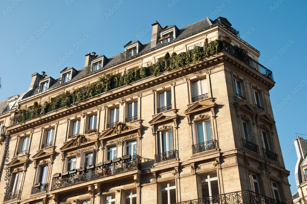 immeuble parisien en coin avec terrasses vertes