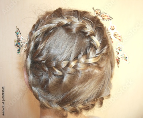 Косичка сплетена по кругу на голове у девочки