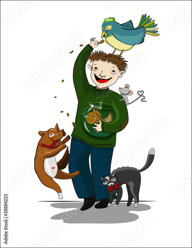Cartoon man with animals