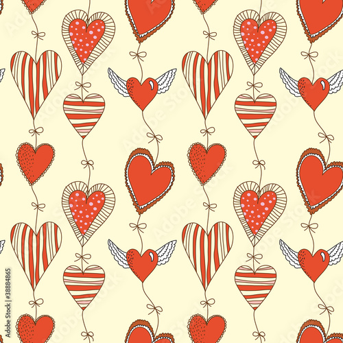 Seamless cartoon romantic pattern with hearts