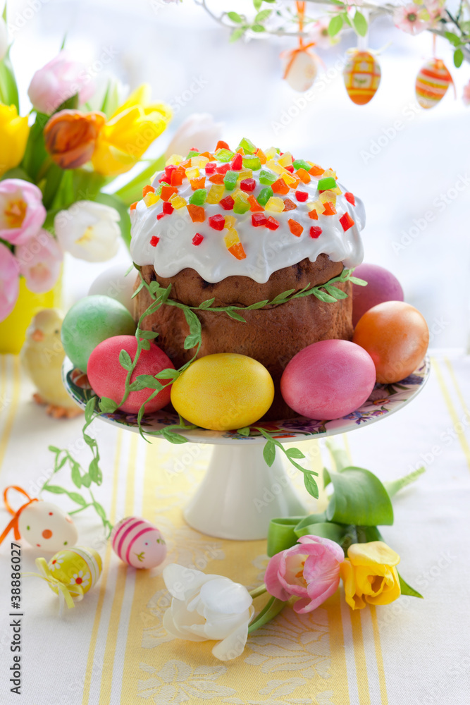 Easter cake and colorful eggs Easter cake and colorful eggs