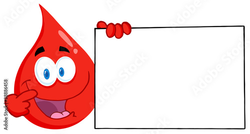 Happy Red Blood Drop Cartoon Character Holding A Blank Sign