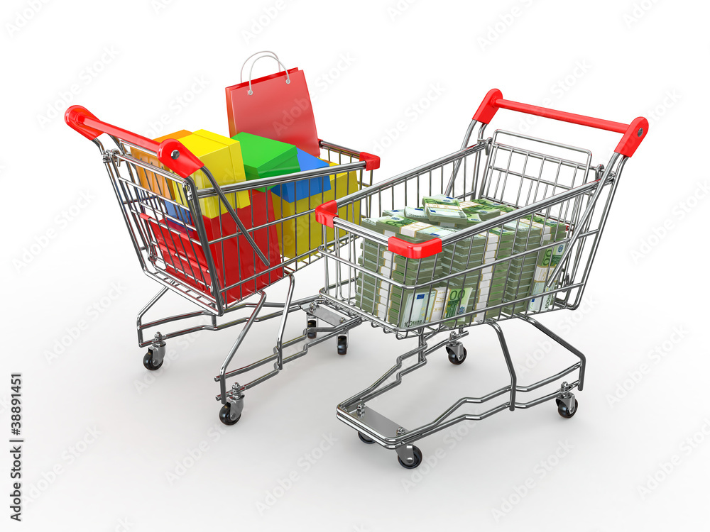 Cnsumerism. Shopping cart with boxes and euro. 3d
