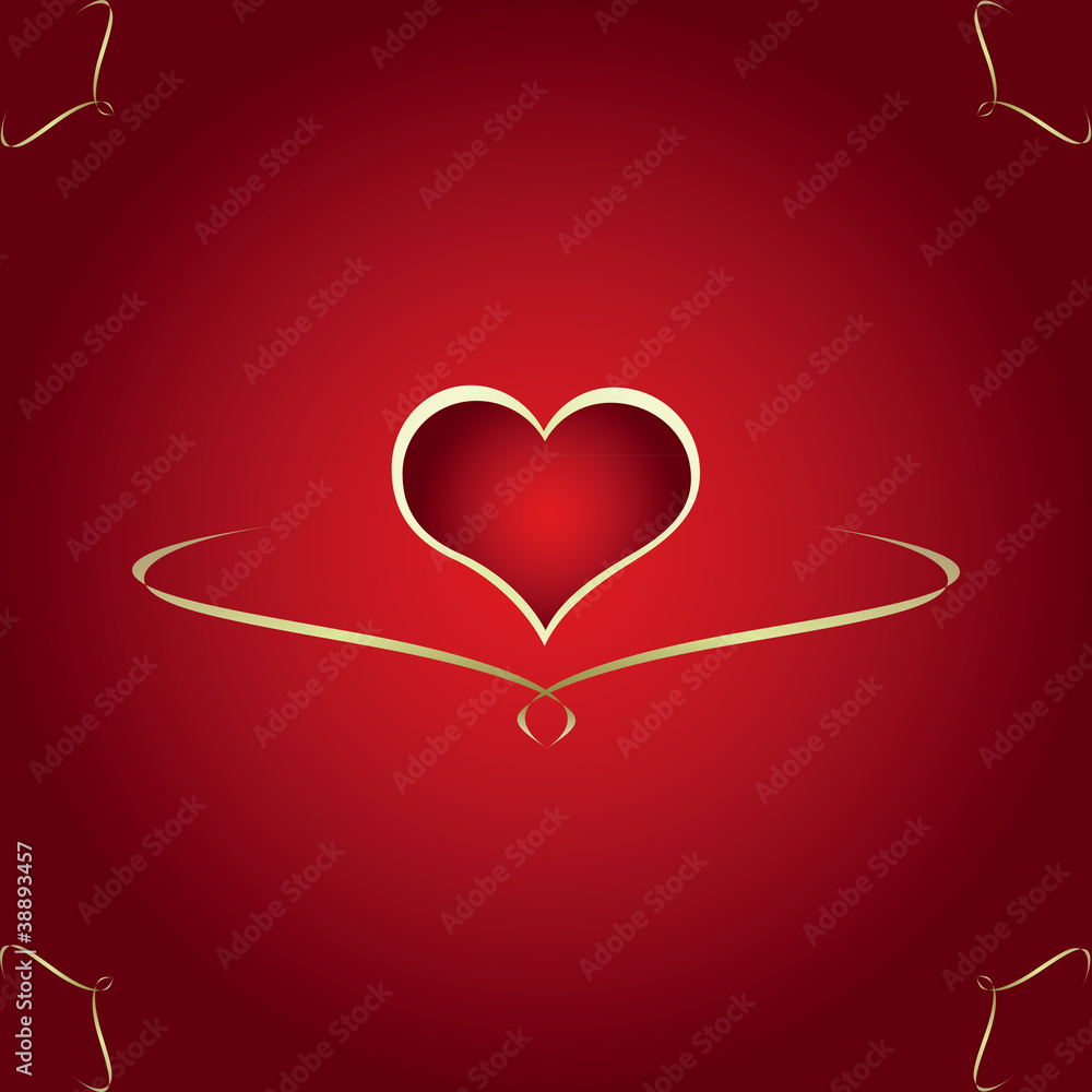 red card with red heart and golden ribbon