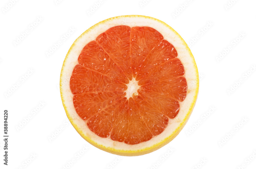 Ripe sliced of red grapefruit isolated on white background Ripe sliced of red grapefruit isolated on white background
