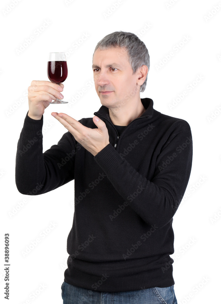 Man holding a glass of red port wine, on white background Man holding a glass of red port wine, on white background