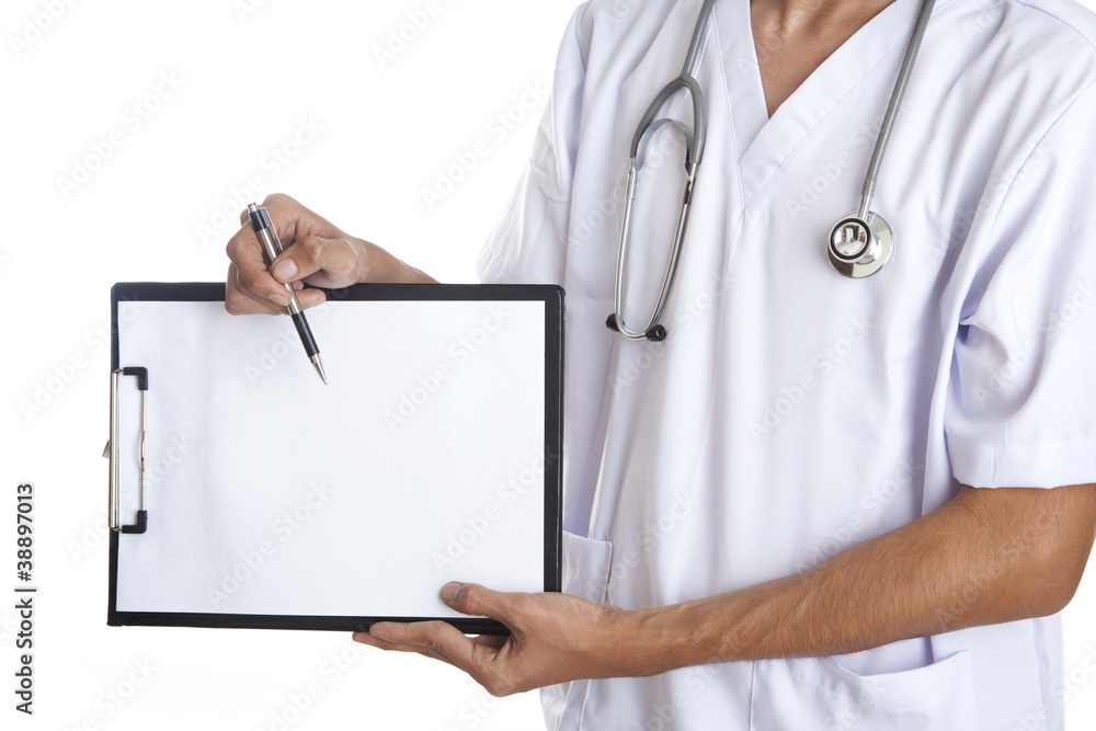 Doctor pointing to a blank note Doctor pointing to a blank note