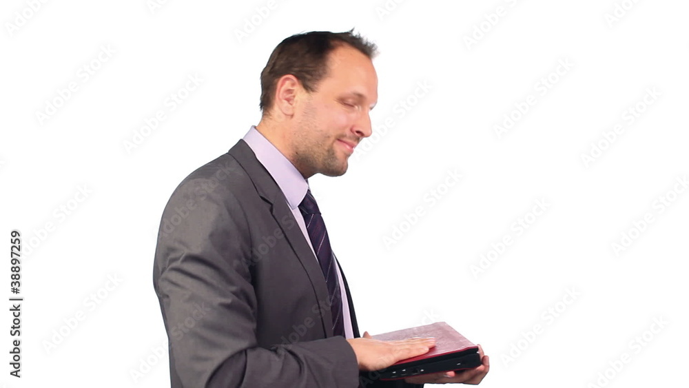 Happy young businessman with laptop, isolated on white Happy young businessman with laptop, isolated on white