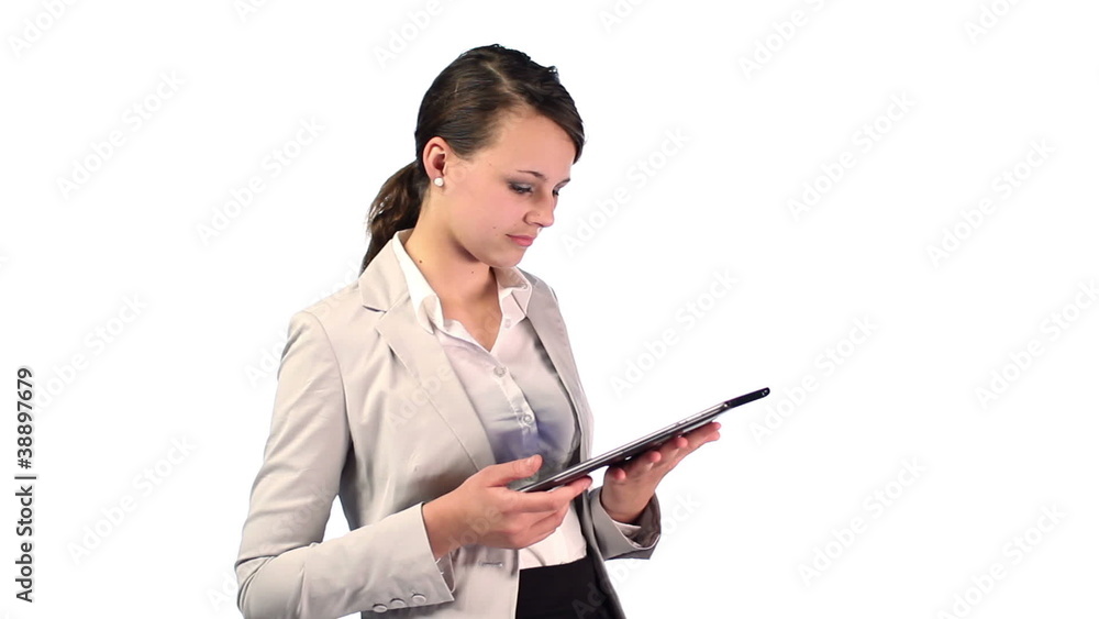 Happy businesswoman with tablet computer, isolated Happy businesswoman with tablet computer, isolated
