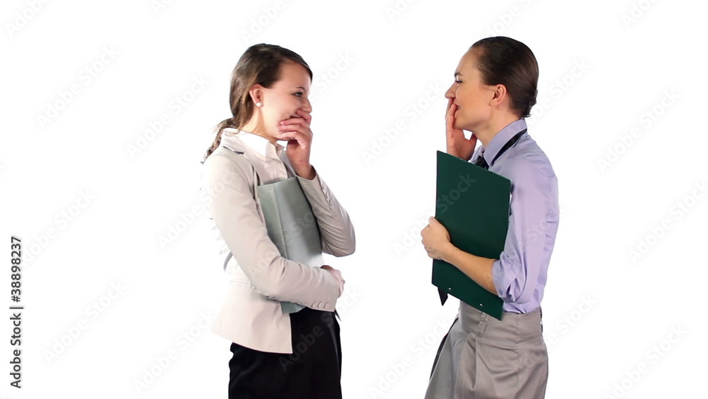 Two young businesswomen gossip, isolated on white Two young businesswomen gossip, isolated on white