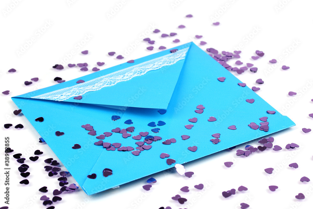 Color envelope and confetti isolated on white