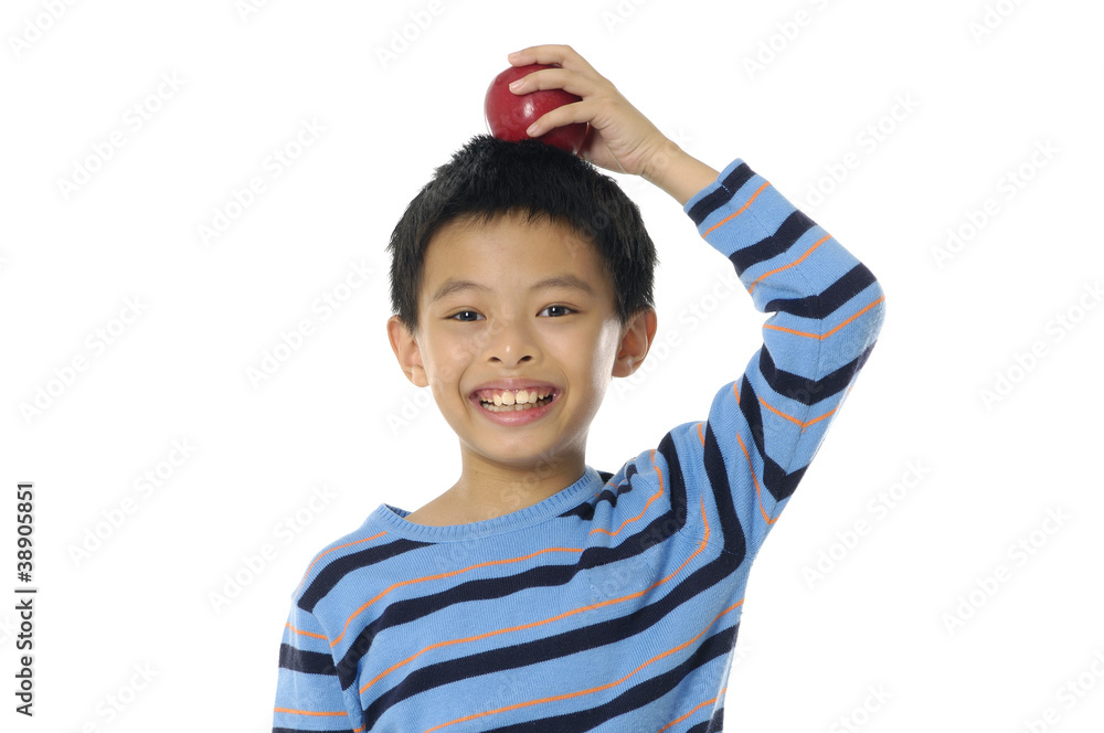 schoolboy with backpack and apple isolated on white schoolboy with backpack and apple isolated on white