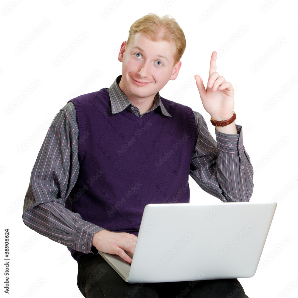 Happy executive with laptop thinking and sitting on white backgr Happy executive with laptop thinking and sitting on white backgr
