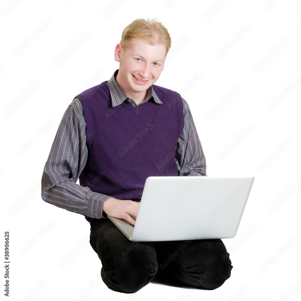 Happy executive work on laptop sitting on white background Happy executive work on laptop sitting on white background