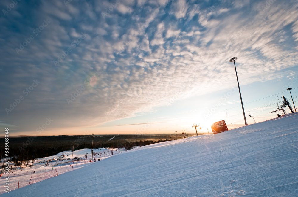 Ski resort slope at sunrise