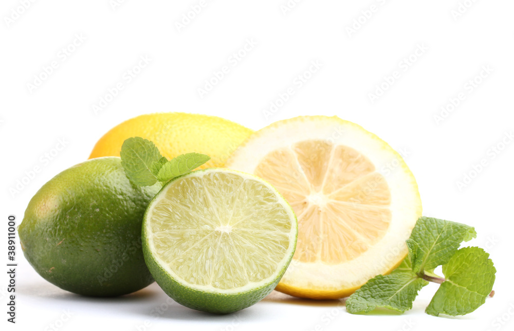 Fresh lime and lemon with mint isolated on white Fresh lime and lemon with mint isolated on white