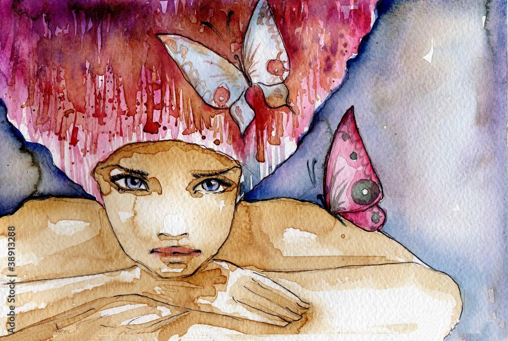 Obraz abstrakcyjna dziewczyna z motylami