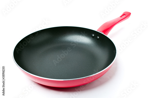 Red frying pan with teflon nonstick covering photo