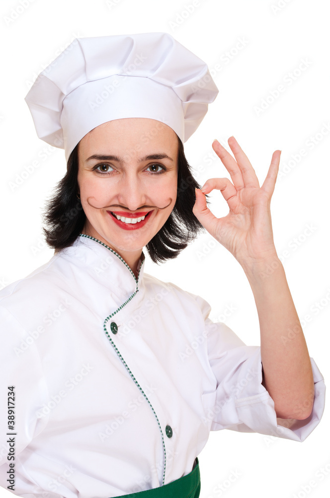 Beautiful woman in chef uniform with ok sign Beautiful woman in chef uniform with ok sign
