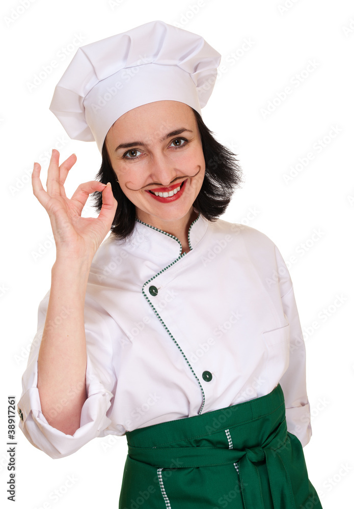 Beautiful woman in chef uniform with ok sign Beautiful woman in chef uniform with ok sign