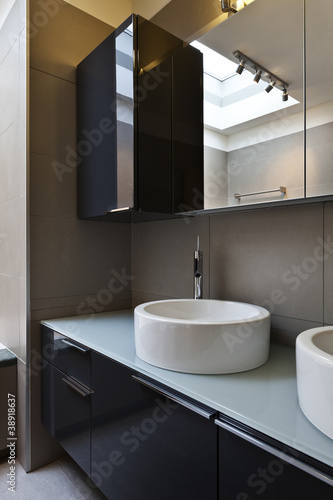 Beautiful apartment, interior, bathroom, two sinks and mirror