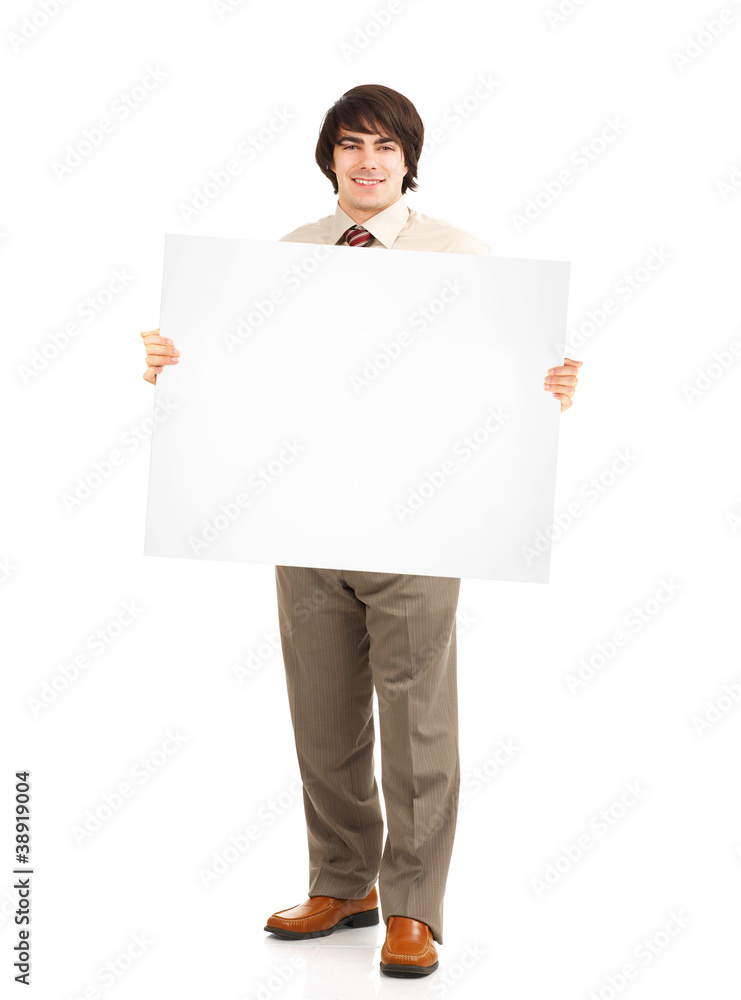 Happy businessman with banner. Happy businessman with banner.