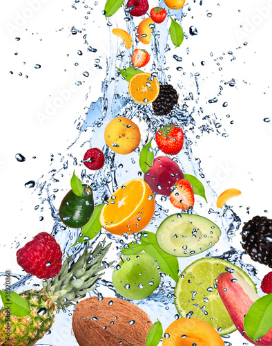 Fruits falling in water splash, isolated on white background