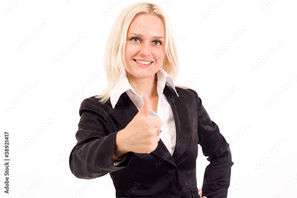 Happy successful business woman making ok sign Happy successful business woman making ok sign