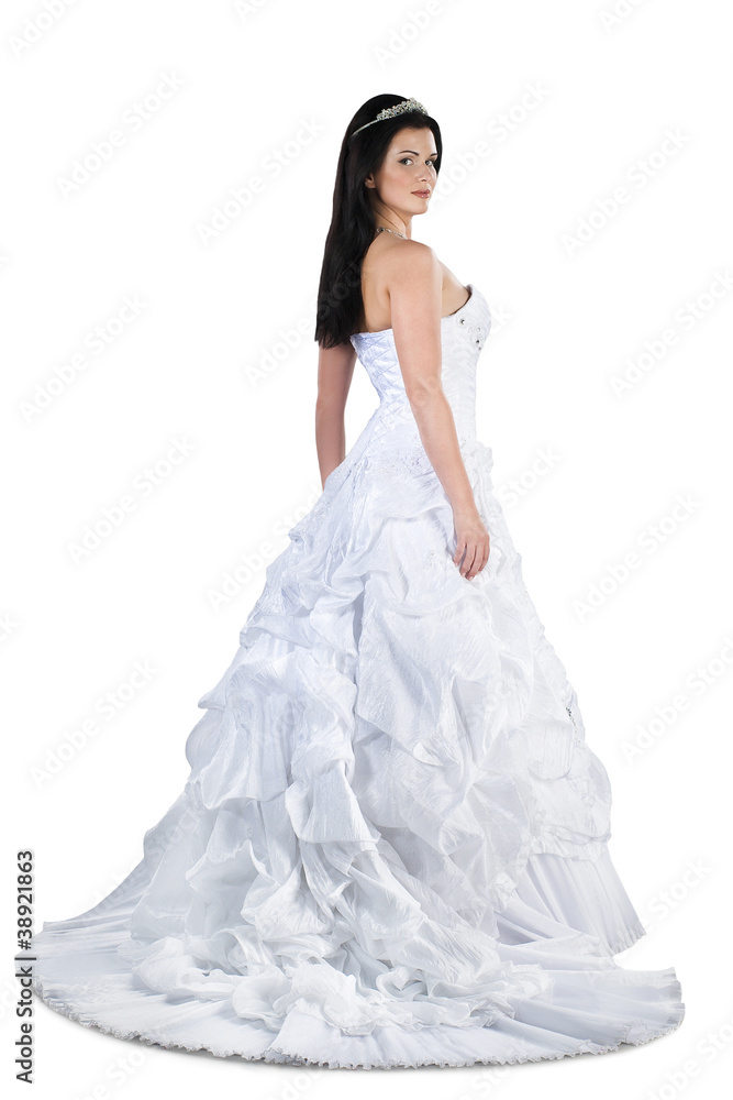 stunning brunette bride in gown isolated on white background stunning brunette bride in gown isolated on white background