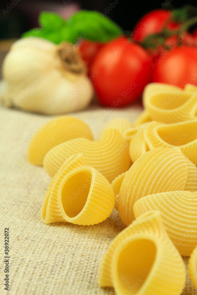 Dry pasta, lumaconi, close up