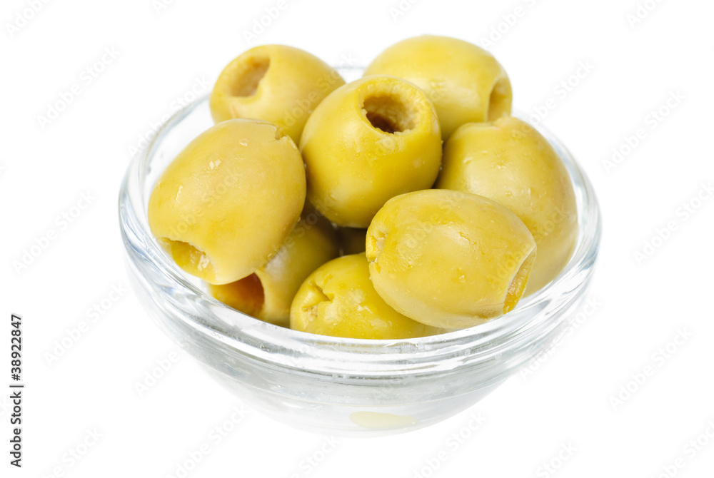 pitted olives in glass isolated on the white background pitted olives in glass isolated on the white background
