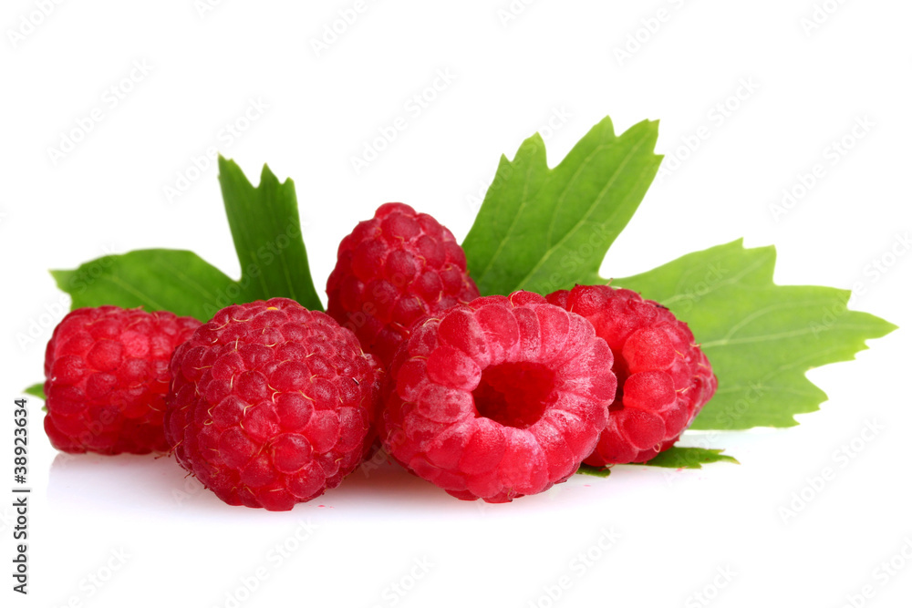 fresh raspberries and leaves isolated on white fresh raspberries and leaves isolated on white