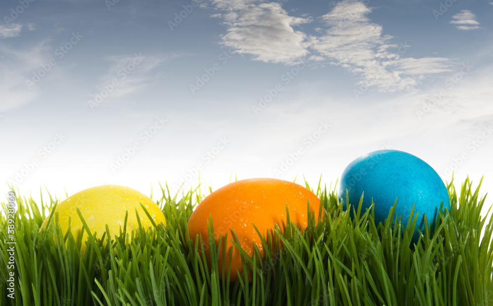 Three colorful Easter eggs in the grass under blue sky Three colorful Easter eggs in the grass under blue sky