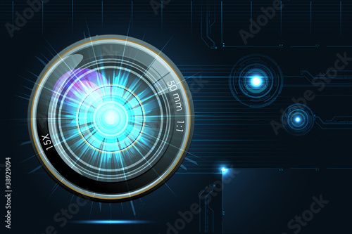 Camera Lens on Futuristic Background