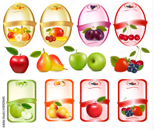 Set of labels with berries and fruit. Vector