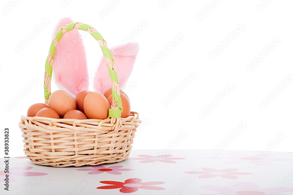 Easter decoration basket with eggs and bunny ears