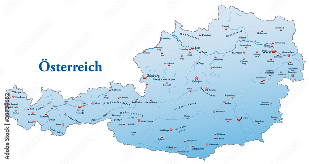 Obraz premium Landkarte von Österreich in blau